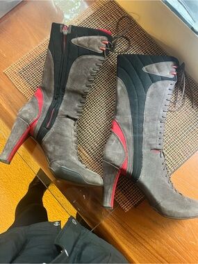 Lace-Up Mid-Calf Heeled Boots in Gray with Red Accents